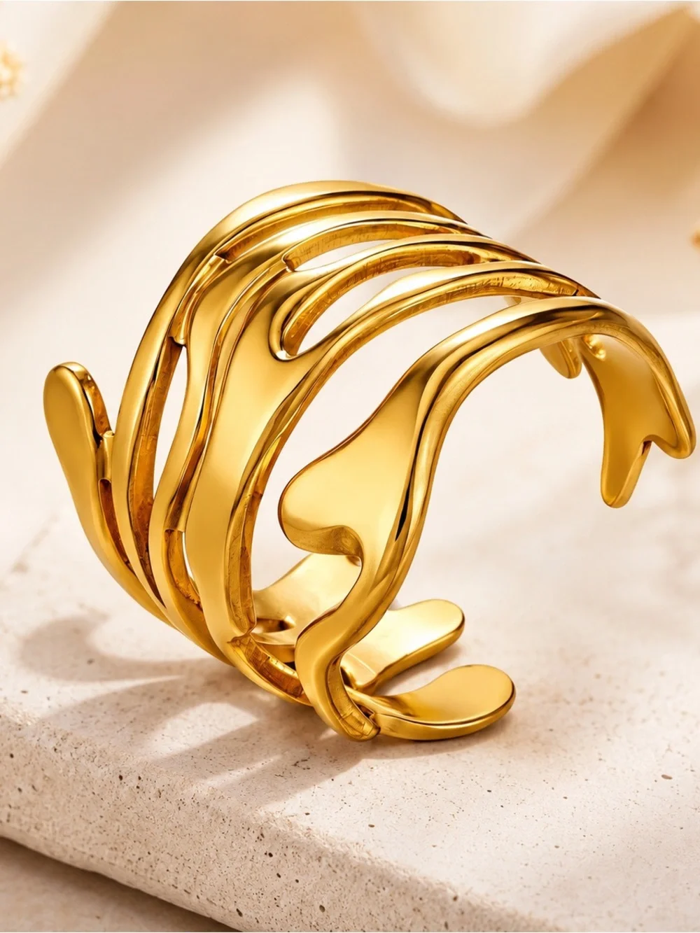 18K Gold Plated Adjustable Wave Ring Stainless Steel NWT